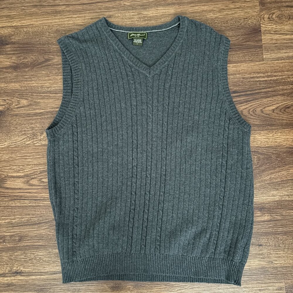 Eddie Bauer Men's Cable Knit Sweater Vest Gray V Neck Cotton/Cashmere Dadcore L